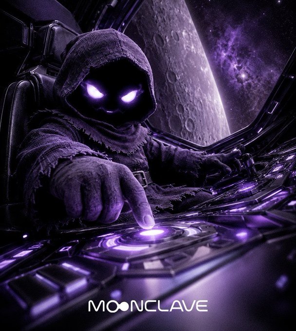 A dark, stylized digital artwork featuring a hooded, shadowy figure with glowing purple eyes operating a futuristic control panel, with the moon visible in the background and the text "MOONCLAVE" at the bottom.