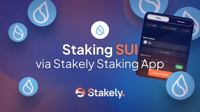 The image features a cell phone with an app icon displayed, which appears to be related to Stakely's Staking App. The text "Staking Sui via Stakedly Staking App" is written above the cell phone, indicating that the user can stake their cryptocurrency using this particular app.