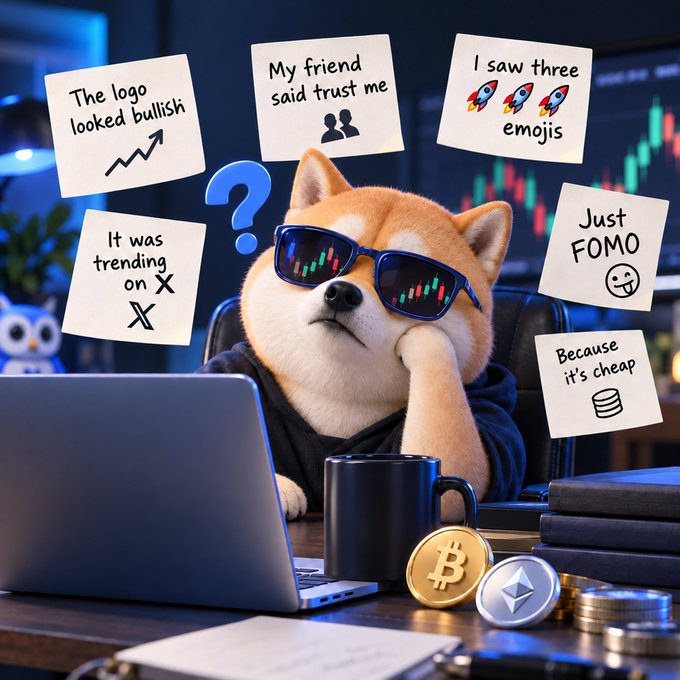 A cartoon Shiba Inu dog wearing sunglasses sits at a desk with a laptop and cryptocurrency coins (Bitcoin, Ethereum), surrounded by sticky notes explaining FOMO: 'The logo looked bullish', 'My friend said trust me', 'I saw three emojis', 'It was trending on X', 'Just FOMO', and 'Because it's cheap'.