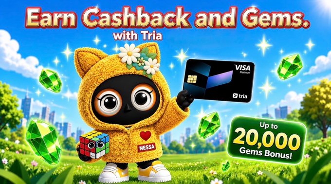 The image features a cartoon character dressed in a yellow hoodie, holding a Visa credit card. The text on the image promotes the idea of earning cashback and using the @useTria Card for rewards.