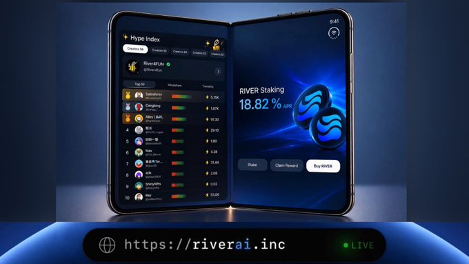 The image shows a foldable smartphone displaying a crypto/staking app interface, with the left screen showing a "Hype Index" leaderboard featuring RIVER+ at #1 with 1.87x and the right screen highlighting "RIVER Staking 18.82% APY" with Stake, Claim Reward, and Buy RIVER options, alongside the website URL https://riverai.inc. This promotional visual illustrates River's transition to the new riverai.inc domain and emphasizes its staking rewards, directly supporting the post's discussion of the platform's evolving branding and DeFi infrastructure centered around RIVER token staking.