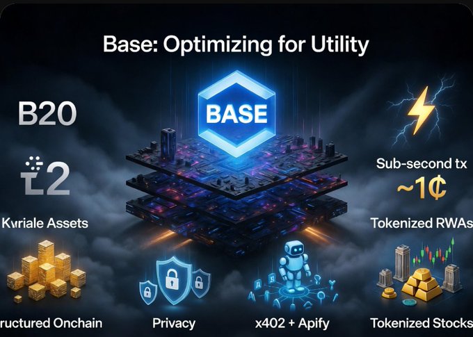 A promotional graphic titled 'Base: Optimizing for Utility' showcasing the BASE cryptocurrency platform with features like L2, sub-second transactions (~1¢), Tokenized RWAs, Privacy, and x402 + Apify.