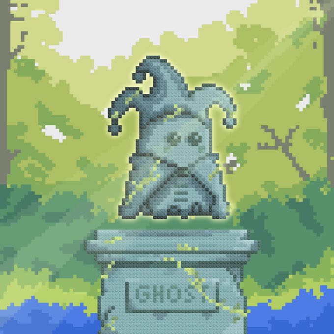 A pixel art illustration of a gray ghost-like character standing on a pedestal labeled 'GHIO's' in a forest setting, glowing with green light.