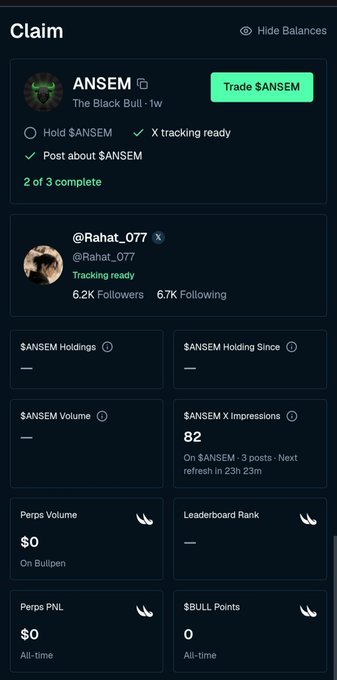 The image shows a Bullpen "Claim" dashboard for the $ANSEM token campaign by user @Rahat_077 (The Black Bull), which is 2 of 3 complete (with steps remaining: posting about $ANSEM and tracking ready are done, but holding $ANSEM is not). The displayed stats include 6.2K followers and 6.7K following for @Rahat_077, 82 $ANSEM X impressions, and $0 in perps volume and PNL on the Bullpen platform.