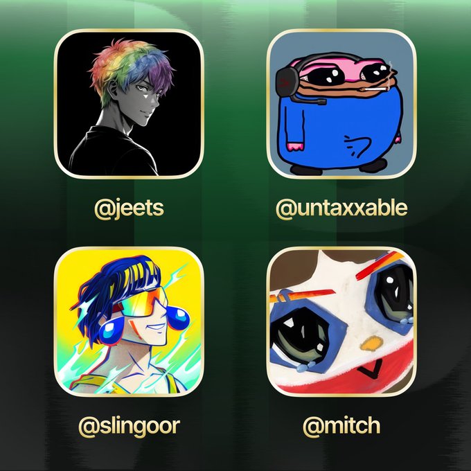 Four profile icons are displayed in a 2x2 grid on a dark green background, featuring usernames "@jeets," "@untaxxable," "@slingoor," and "@mitch," likely representing meme coin personalities or creators being referenced as "crime syndicates" to be sent to zero in the post's shootout analogy.