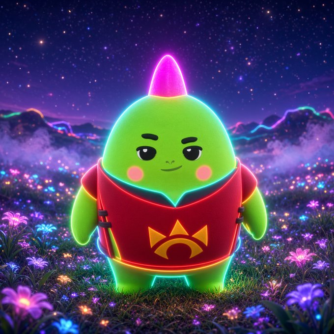A 3D-rendered green cartoon character with a pink mohawk, wearing a red shirt with a golden crown emblem, standing in a glowing neon field of flowers under a starry night sky.