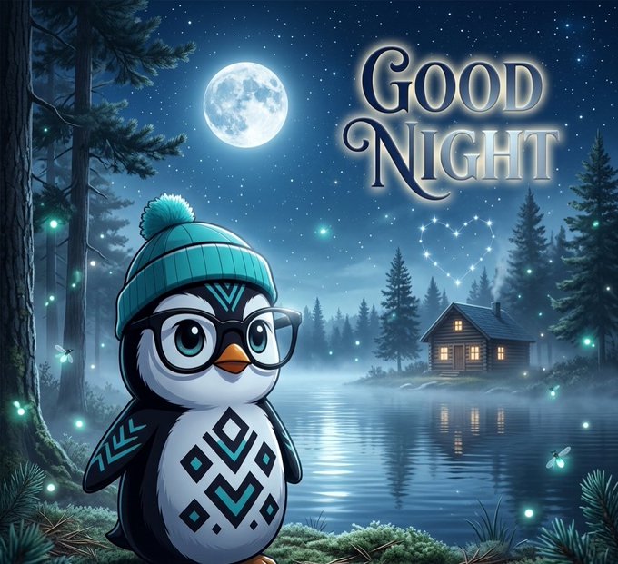 A digital illustration of a penguin wearing a teal beanie and glasses stands in a moonlit forest with a cabin, featuring the text "GOOD NIGHT."