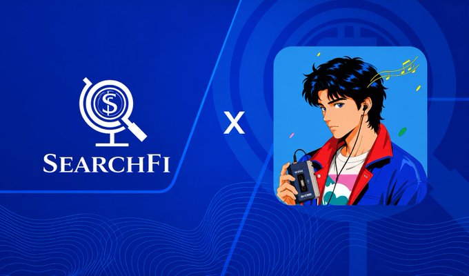 A promotional graphic featuring the SearchFi logo (a globe with magnifying glass) and a SearchFi-branded icon showing an anime-style character listening to a music player.