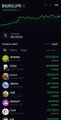 A dark-mode mobile screen showing a cryptocurrency leaderboard/list page with various coin icons and green percentage changes.
