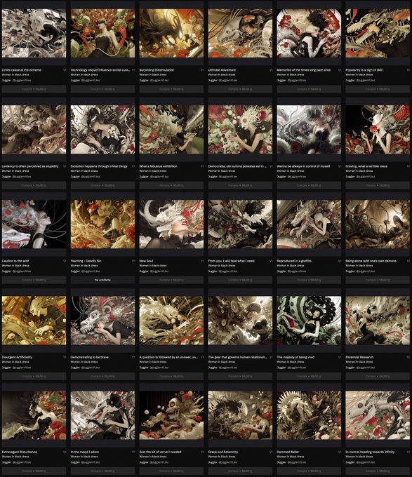 A grid of 30 AI-generated dark fantasy artworks on a platform, each with a descriptive title like 'Eurydice Dissimulation' and 'Lamia cause of the extreme sensory bliss', credited to 'Jupiter dragoniova'.