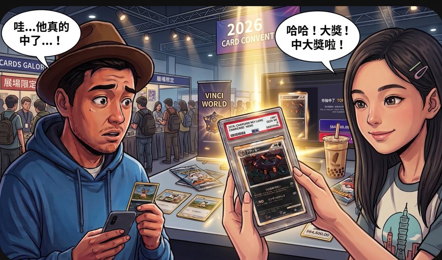 An anime-style illustration of a 2026 Card ConVent scene shows a surprised man in a blue hoodie and fedora reacting while a smiling woman holds up a Charizard card worth $64,500.00.