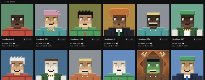 A grid of 10 pixel-art NFT characters from the "Stackers" collection, each labeled with prices ranging from 0.04 to 0.045 ETH and a "#1,000" decimal denoting their position in the collection of 2,988 supply. The image showcases the diverse stacked character lineup, with values around the $20 mark referenced in the post, highlighting the low-supply, burning, and fusing features of the collection.