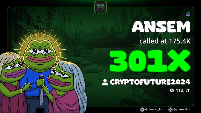 A Pepe-style graphic celebrating the trader's $Ansem call at 175.4K, now showing a 301x gain with 11 days and 7 hours elapsed, branded with @phanesbot. The image visually reinforces the post's message about the Ansem trade being the user's best call of the year, while hinting at the $ZEUS mention with the "strong dog" reference.