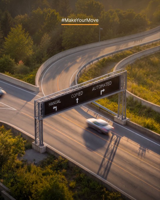 A winding highway splits into three lanes beneath a signpost labeled "MANUAL," "COPIED," and "AUTOMATED," with "#MakeYourMove" displayed above—visually mirroring the post's message about choosing your trading approach on Bybit TradFi, whether by trading manually, copying a Master Trader, or automating your strategy.
