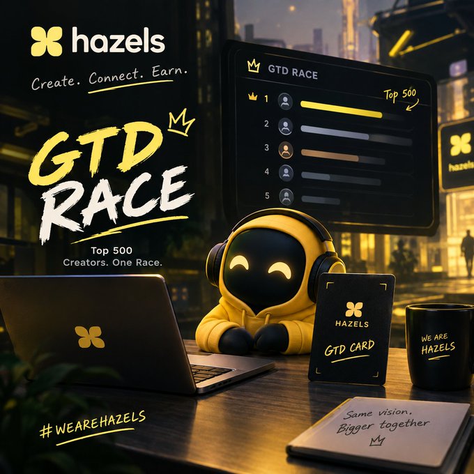 A promotional graphic for "hazels" advertises "GTD RACE" featuring a hooded yellow character at a desk, with "Top 500" leaderboard, "GTD CARD," and "#WEAREHAZELS" tagline visible.