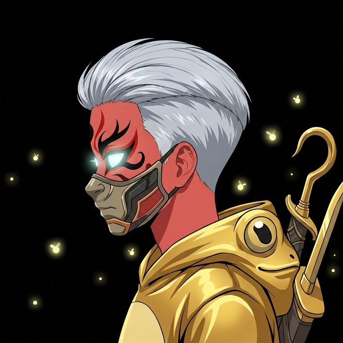 A digital illustration of a profile view character with red skin, white hair, and a glowing eye, wearing a gold frog-themed hood and a mechanical mask, with golden staff elements and floating firefly-like lights against a black background.