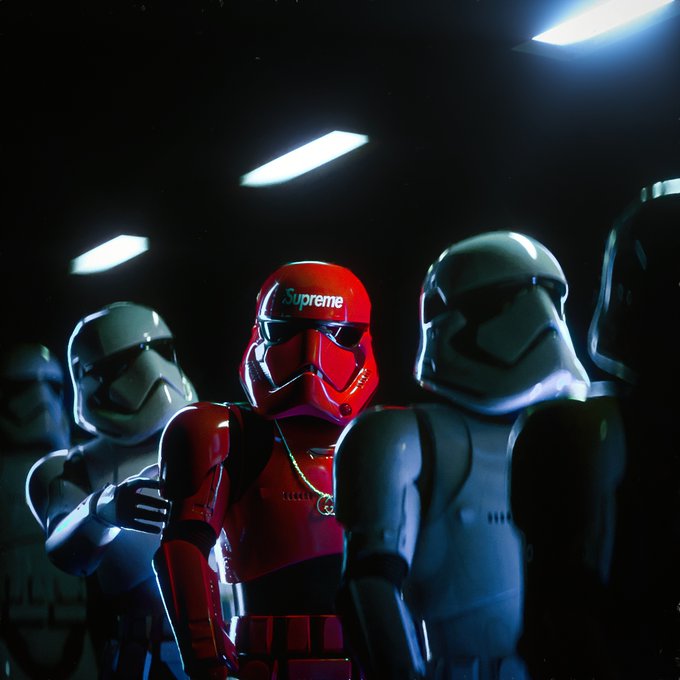 A digital illustration of Stormtroopers with one wearing a red Supreme-branded helmet and gold chain.