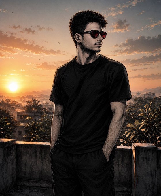 A stylized illustration of a young man wearing a black t-shirt and red-tinted sunglasses, standing on a rooftop at sunset with a cityscape and trees in the background.