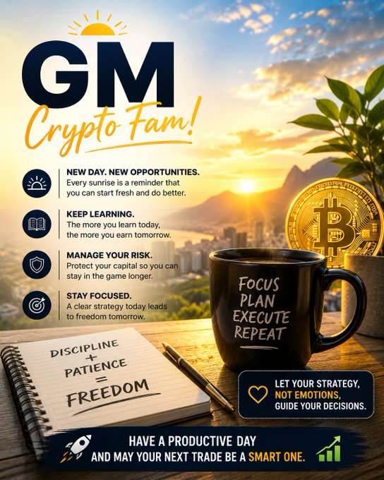 A motivational 'GM Crypto Fam!' graphic with a sunrise cityscape, Bitcoin, and a coffee mug, offering tips like 'NEW DAY. NEW OPPORTUNITIES' and 'KEEP LEARNING', ending with 'HAVE A PRODUCTIVE DAY AND MAY YOUR NEXT TRADE BE A SMART ONE.'