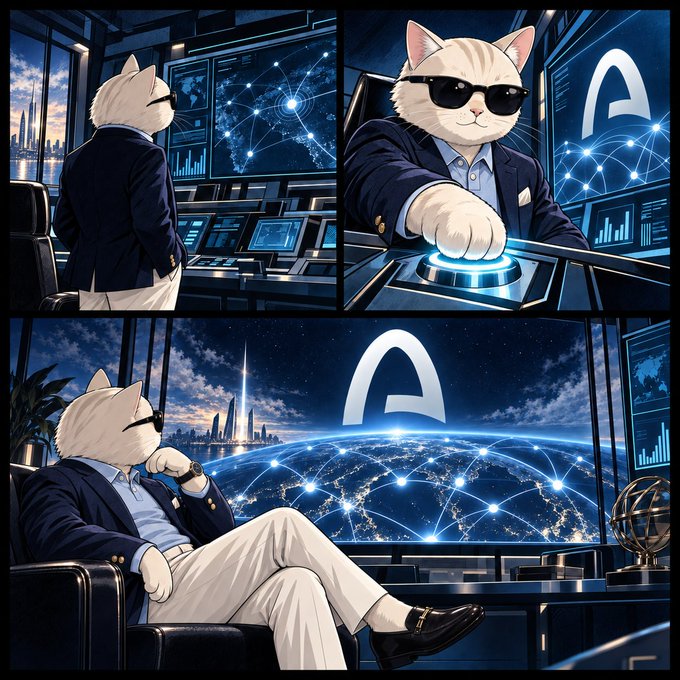 A comic-style illustration features a cat in a suit and sunglasses in three panels, with an 'A' logo and a glowing network visible on screens.