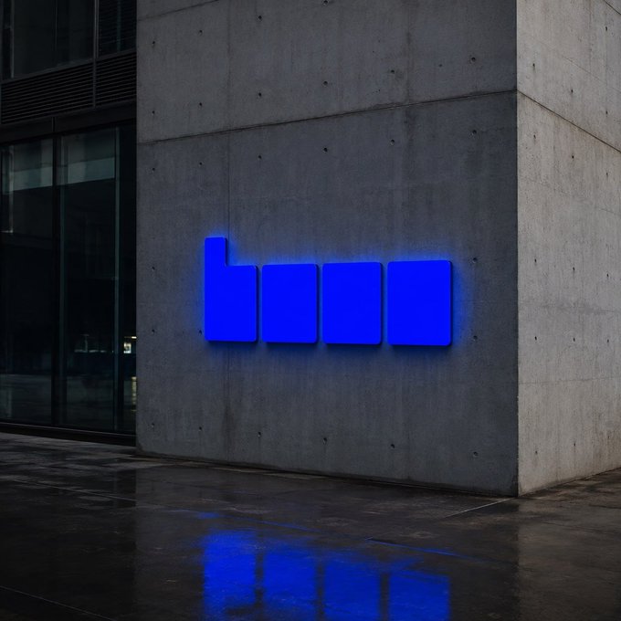 A glowing blue logo composed of four rectangular shapes mounted on a gray concrete wall, with its reflection visible on a wet floor below.
