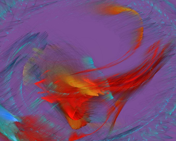 An abstract digital artwork features chaotic, sweeping strokes of red, orange, and teal against a textured purple background.