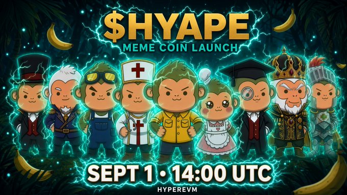 A colorful promotional graphic announces the '$HYAPE' meme coin launch on SEPT 1 at 14:00 UTC, featuring cartoon characters dressed as various professions against a jungle-themed background with bananas.