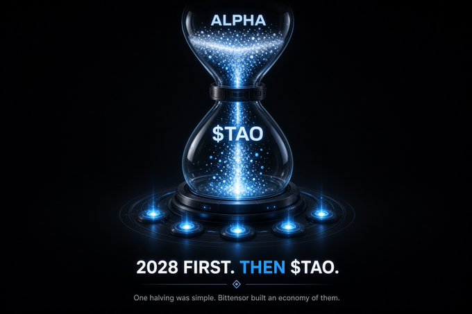 The image shows an hourglass filled with glowing blue particles, labeled "ALPHA" at the top and "$TAO" at the bottom, sitting on a circular base with illuminated nodes, accompanied by the text "2028 FIRST. THEN $TAO." and "One halving was simple. Bittensor built an economy of them." This visualizes the Bittensor ecosystem's multiple scarcity clocks, illustrating how $TAO's halving in 2028 is just the first of many, with each of the 129 subnet alpha tokens having its own 21M cap and independent halving schedule based on launch date.