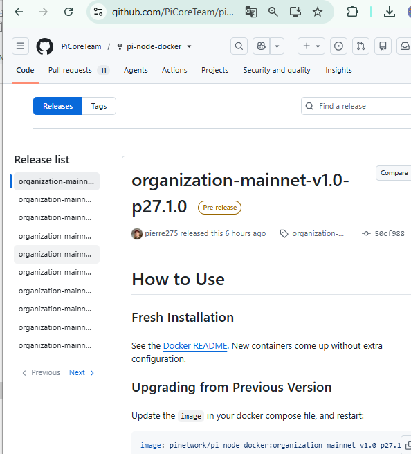 A screenshot of the GitHub repository page for PiCoreTeam/pi-node-docker, showing the release list on the left and the details of the "organization-mainnet-v1.0-p27.1.0" pre-release published by pierre275 six hours prior, along with a "How to Use" section for fresh installations and upgrades. The image corresponds to the article's announcement that PiCoreTeam has released a new pre-release version in preparation for Pi Network's next protocol upgrade.
