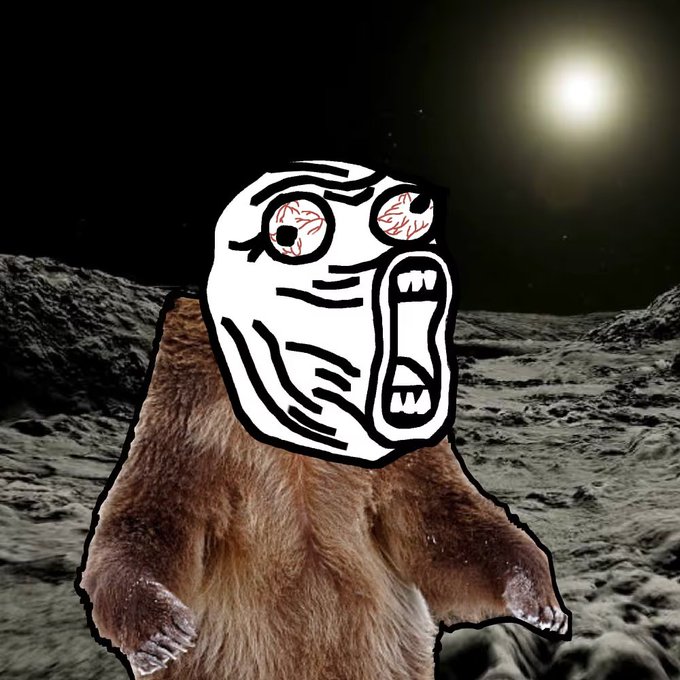 A surreal meme image combining a rage comic-style drawing of a bloodshot-eyed, open-mouthed face on top of a taxidermied bear's body, set against a black-and-white moonscape background.