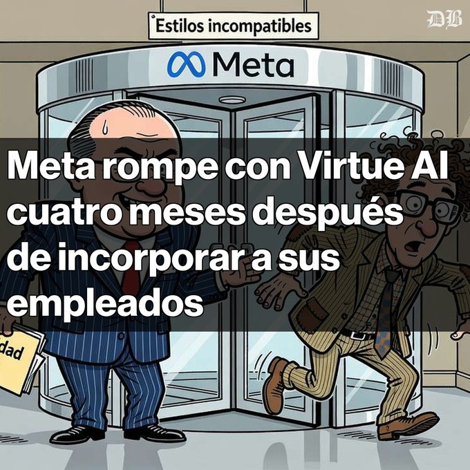 A cartoon illustration showing two people at a revolving door with the Meta logo above it. Spanish text overlay reads 'Meta rompe con Virtue AI cuatro meses después de incorporar a sus empleados' and a sign reads 'Estilos incompatibles'.