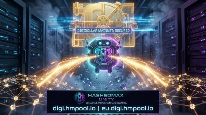 A futuristic digital security graphic displays "DIGIDOLLAR MAINNET: SECURED" at the top, featuring a glowing shield and padlock emblem over a server room background, with the "HASHEDMAX UNITY" logo and URLs digi.hmpool.io and eu.digi.hmpool.io at the bottom. The image visually reinforces the post's message about DigiDollar securing its foundation on DigiByte's MainNet and promoting the HashedMax Unity Pool as a staking destination.