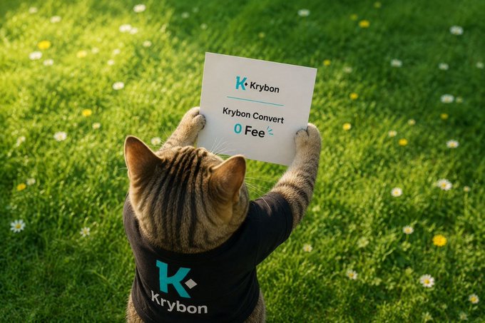A tabby cat wearing a black "Krybon" shirt holds up a sign reading "Krybon Convert 0 Fee" while standing in a grassy field dotted with daisies, playfully illustrating the post's message about Krybon's zero-fee conversion feature.