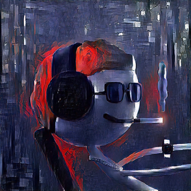 An oil painting depicts a stylized white character wearing large black headphones and sunglasses while smoking a cigarette, set against a moody purple and red textured background.