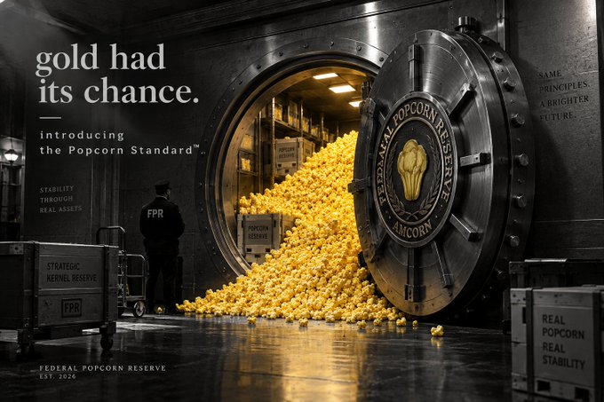 An advertisement for the Federal Popcorn Reserve featuring the text 'gold had its chance. introducing the Popcorn Standard™' alongside an image of an open vault overflowing with popcorn.