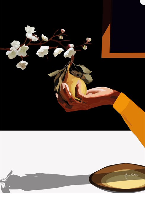 A digital painting shows a hand emerging from a yellow sleeve holding a yellow pear attached to a blossoming branch, with a tray below casting a shadow, signed 'James Cottam'.