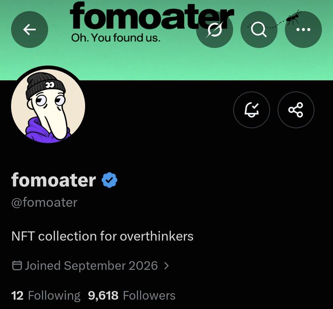 A screenshot of a social media profile named 'fomoater' with the bio 'NFT collection for overthinkers', 9,618 followers, and a cartoon avatar of a person in a beanie; an ant is visible near the search icon.