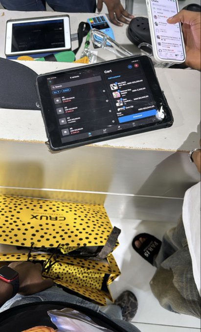 Split image showing a tablet displaying a Telegram chat cart interface on top, and yellow CRUX-patterned shopping bags with customers' feet visible below.