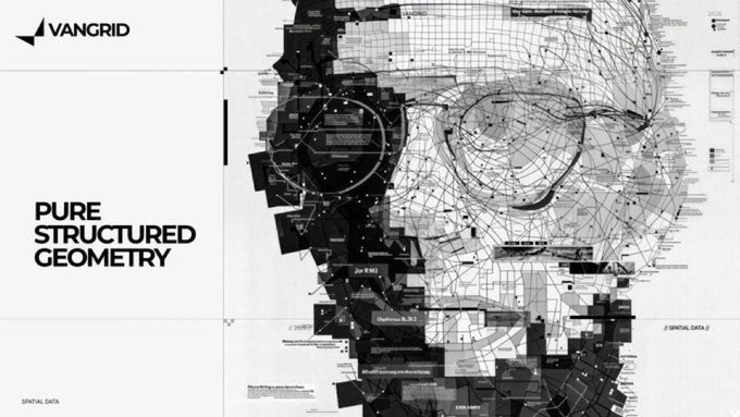 A black and white graphic design featuring intricate geometric mesh patterns and 3D wireframe structures, with text reading "VANGRID" and "PURE STRUCTURED GEOMETRY" along with "// SPATIAL DATA //".