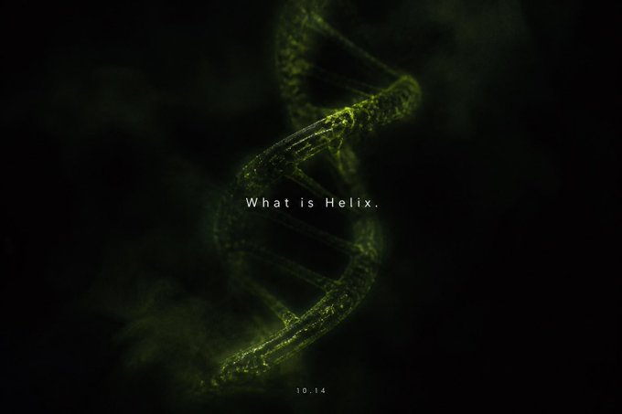 A glowing green DNA double helix floats in a dark background with the text 'What is Helix.' and '10.14' at the bottom.