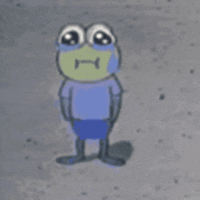 A simple digital drawing of a sad-looking character with a large head, big eyes, and a blue outfit standing on a textured gray surface.