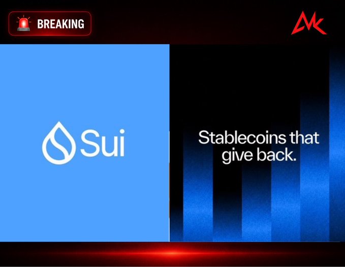 A news-style graphic shows the Sui logo with the text 'Stablecoins that give back.' under a 'BREAKING' alert banner.