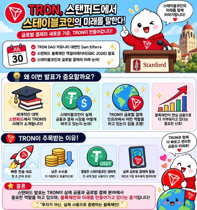 A colorful Korean infographic about TRON (TRX) listing on Stanford, dated July 30, with a Stanford mascot character and sections explaining why the event is important.