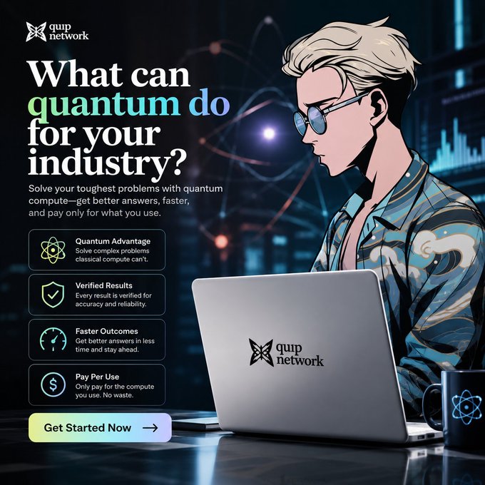 The image features a man sitting at a desk with an open laptop computer. The background of the image shows a city skyline, which adds depth to the scene. Below the image, there's text that reads "What can Quantum do for your industry?". This suggests that the image is related to the concept of using Quantum computing in various industries or applications.