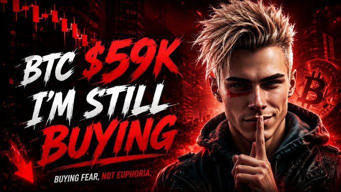 In the image, there's a person wearing a leather jacket and holding up their hand with their finger over their lips as they look down at something below them. The background of the image features an illustration of a city skyline with several buildings of varying heights depicted in different colors such as white, black, red, and gray. The text on the image reads " Bitcoin touched $59k on June 24", which indicates that the price of Bitcoin reached $59,000 at the time of the image's capture. This price may have been lower than the current value or could have been subject to market fluctuations throughout the day.