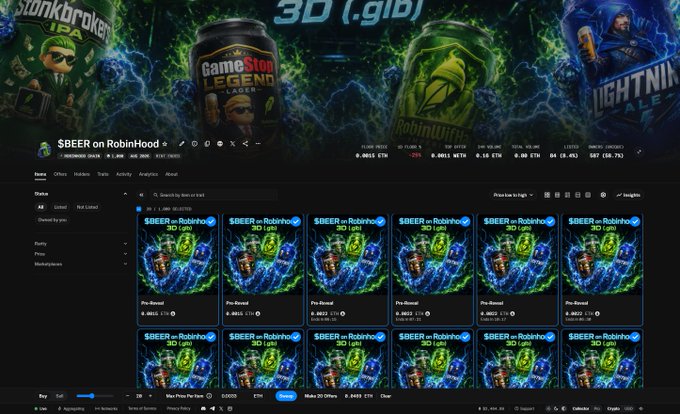 A Robinhood cryptocurrency listing page for '$BEER on RobinHood' showing trading statistics and multiple NFT-style token cards featuring GameStop, Robinhood, and Lightning energy drink themed graphics.