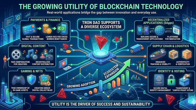 The image is a vibrant infographic illustrating various aspects of blockchain technology, such as cryptocurrency applications for real-world problems or financial transactions through Blockchain. The infographic also emphasizes the growing utility of this technology by demonstrating its application across multiple industries, including finance, gaming, digital content creation, and even supply chain management.