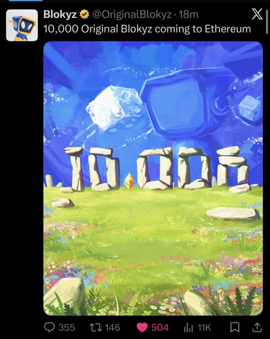 A tweet from @OriginalBlokyz announces "10,000 Original Blokyz coming to Ethereum," accompanied by an illustrated image of stone monoliths spelling "IN EDEN" in a grassy field beneath a blue sky with floating crystal-like objects, visually evoking the playful, world-building theme of the NFT collection.