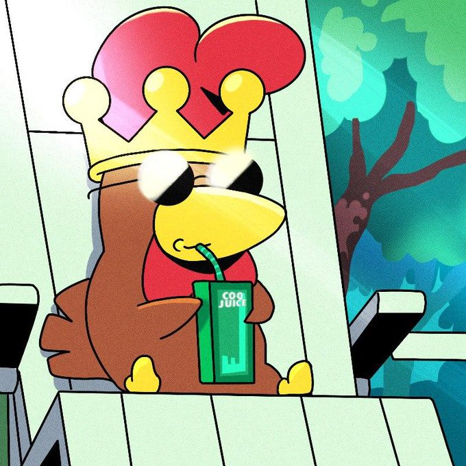 A cartoon bird character wearing a golden crown and sunglasses sits on a wooden throne-like chair, sipping from a green juice box labeled "COG JUICE" through a straw, with a stylized tree visible in the background.