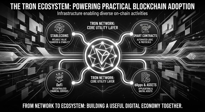 An infographic titled 'THE TRON ECOSYSTEM: POWERING PRACTICAL BLOCKCHAIN ADOPTION' illustrates the network's core utility layer connected to Stablecoins, Smart Contracts, DeFi, and dApps & Assets.
